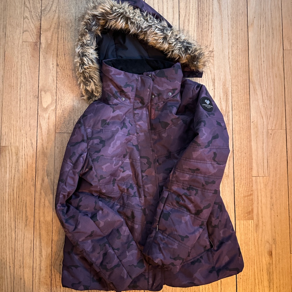 Obermeyer Kids Purple Camo Puffer Jacket with Faux Fur Hood